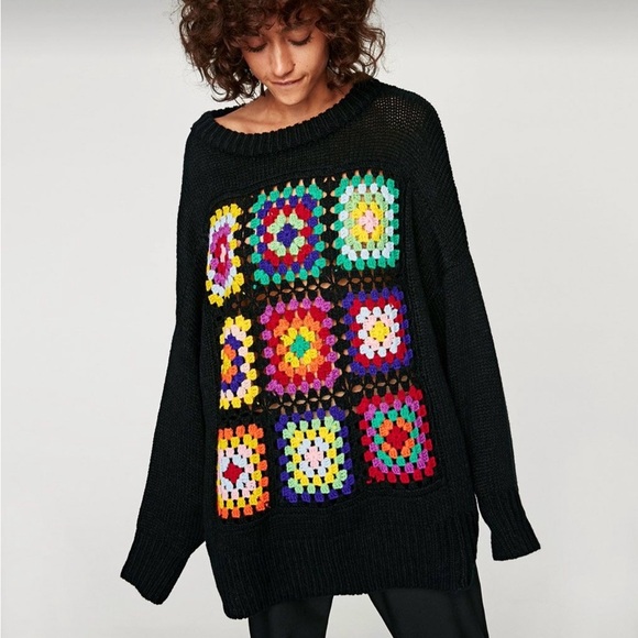 Zara oversize granny square crochet sweater Size M - Picture 2 of 9